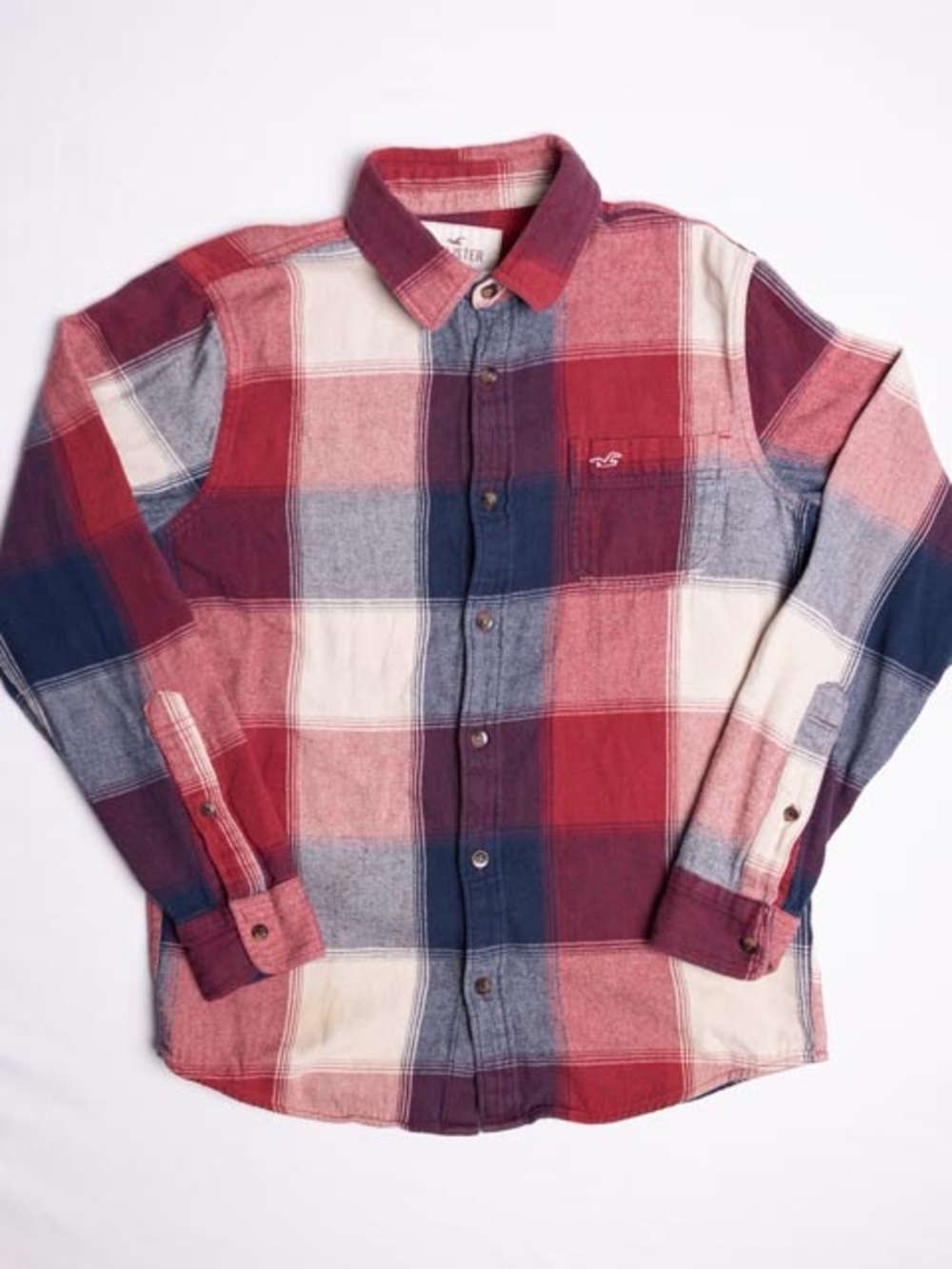 Hollister Flannel Shirt Men S Plaid Button Up Long Sleeve Red Navy Blue Cream